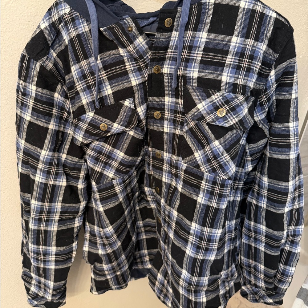 Men’s Blue and Black Plaid Flannel Hooded Jacket